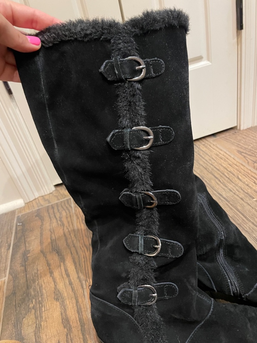 AEROSOLES Black Suede-Look Knee High Buckle Boots with Faux Fur Trim - Picture 4 of 6
